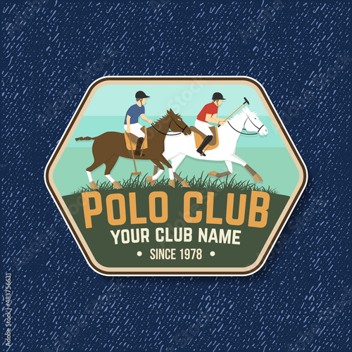 Polo club sport badge, patch, emblem, logo. Vector illustration. Vintage monochrome polo label with rider and horse silhouettes. Polo club competition riding sport. Concept for shirt or logo, print