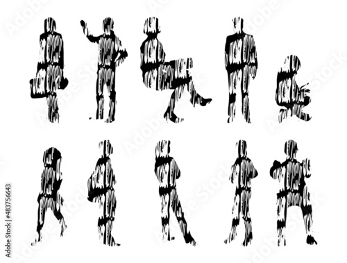 Vector silhouettes, Outline silhouettes of people, Contour drawing, people silhouette, Icon Set Isolated, Silhouette of sitting people, Architectural set