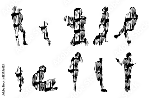 Vector silhouettes, Outline silhouettes of people, Contour drawing, people silhouette, Icon Set Isolated, Silhouette of sitting people, Architectural set