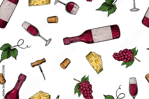 Seamless pattern of winery stuff, color vector illustration