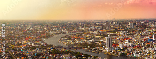 Chao Phraya River, bird's eye view and the city of Bangkok which is a high angle image used as a background image