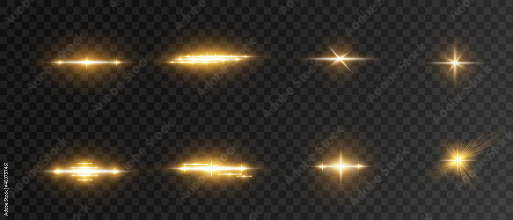 Shining light effects isolated on transparent background, glare, lines, golden light particles. Set of vector stars. Shining light effects isolated on transparent background, glare, lines, golden light particles. Set of vector stars.