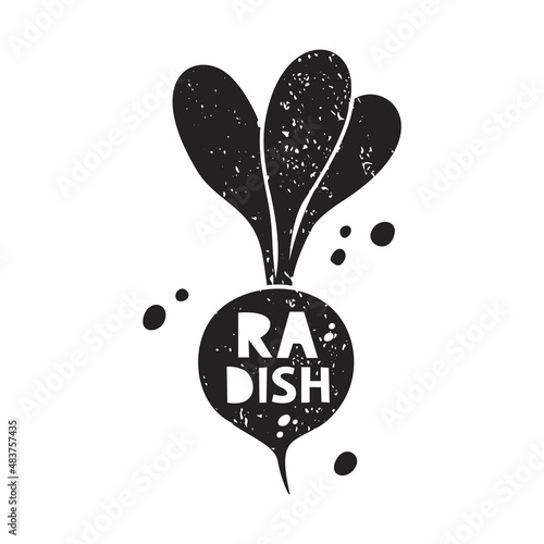 Radish grunge sticker. Black texture silhouette with lettering inside. Imitation of stamp, print with scuffs. Hand drawn isolated illustration on white background