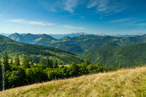 Panorama der Alpen mit Almwiese, Tal mit Baum und Wald, Gebirge mit Gipfel und Berg © Sonja und Gerald