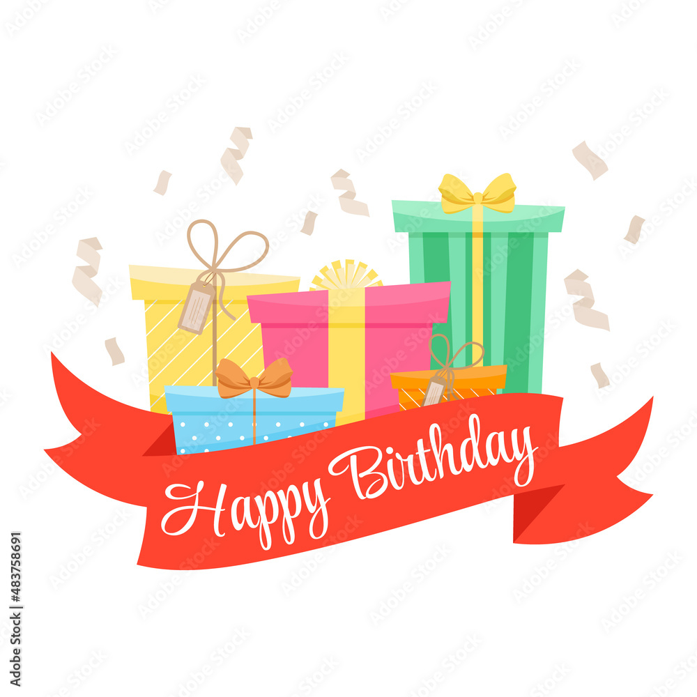 Happy Birthday congratulation banner. Gifts for birthday. Different types of boxes for birthday. Vector illustration.
