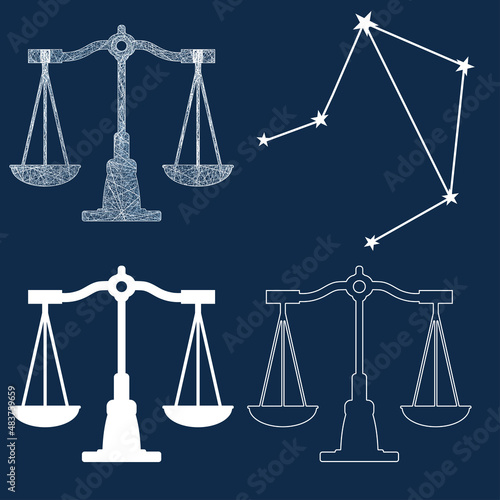 Libra horoscope silhouette. Zodiac neon symbol on blue background. Hologram scales. Balance and finance backdrop. Vector