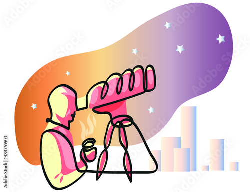 One line drawing of amateur astronomer.
One continuous line drawing of telescope and astronomy concept.