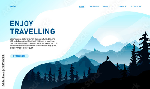 Travel web design of landscape. Concept of website about nature. Man silhouette on hill, mountain covered forest, wood. Tourism, natural explore, online adventure app banner. Vector illustration