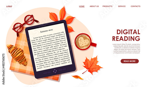 Online library, digital bookstore, bookshop, reading app. Electronic book, textbook. reader, cup of coffee, croissant. Technology to read literature, education. Vector illustration