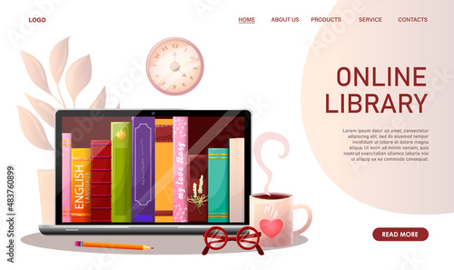 Online library, digital bookstore, bookshop, reading app, librarian banner. Laptop, on table, books on screen. Technology download literature to read, online education, learning. Vector illustration