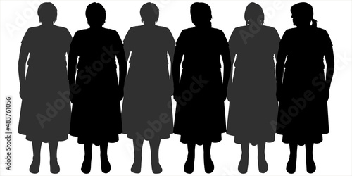 Large-bodied women stand in two lines, one behind the other. Line of women without moving. Black female silhouette isolated on white background. Front view. Women's outfit: skirt, blouse, dress.	
