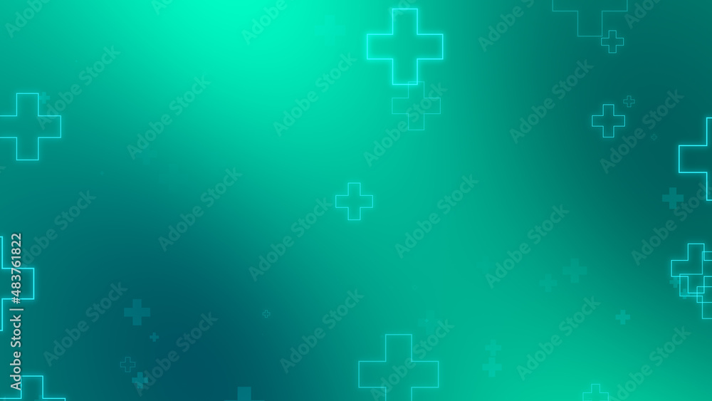 Obraz premium Medical health blue green cross neon light shapes pattern background. Abstract healthcare technology and science concept.