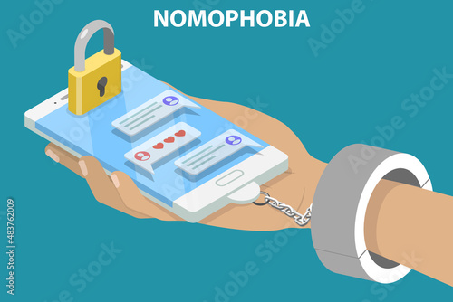 3D Isometric Flat Vector Conceptual Illustration of Nomophobia, Psychological or Behavioral Dependence on Internet