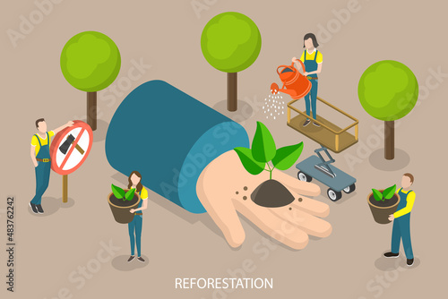 3D Isometric Flat Vector Conceptual Illustration of Reforestation, Environmental Agriculture for Saving Earth Ecology