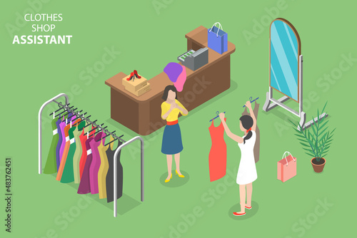 3D Isometric Flat Vector Conceptual Illustration of Clothes Shop Assistant , Fashion Consultant