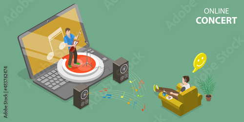 3D Isometric Flat Vector Conceptual Illustration of Online Concert, Musician or Artist Making Live Show