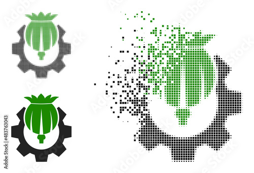 Dissolved dotted opium industry vector icon with destruction effect, and original vector image. Pixel destruction effect for opium industry shows speed and movement of cyberspace abstractions.