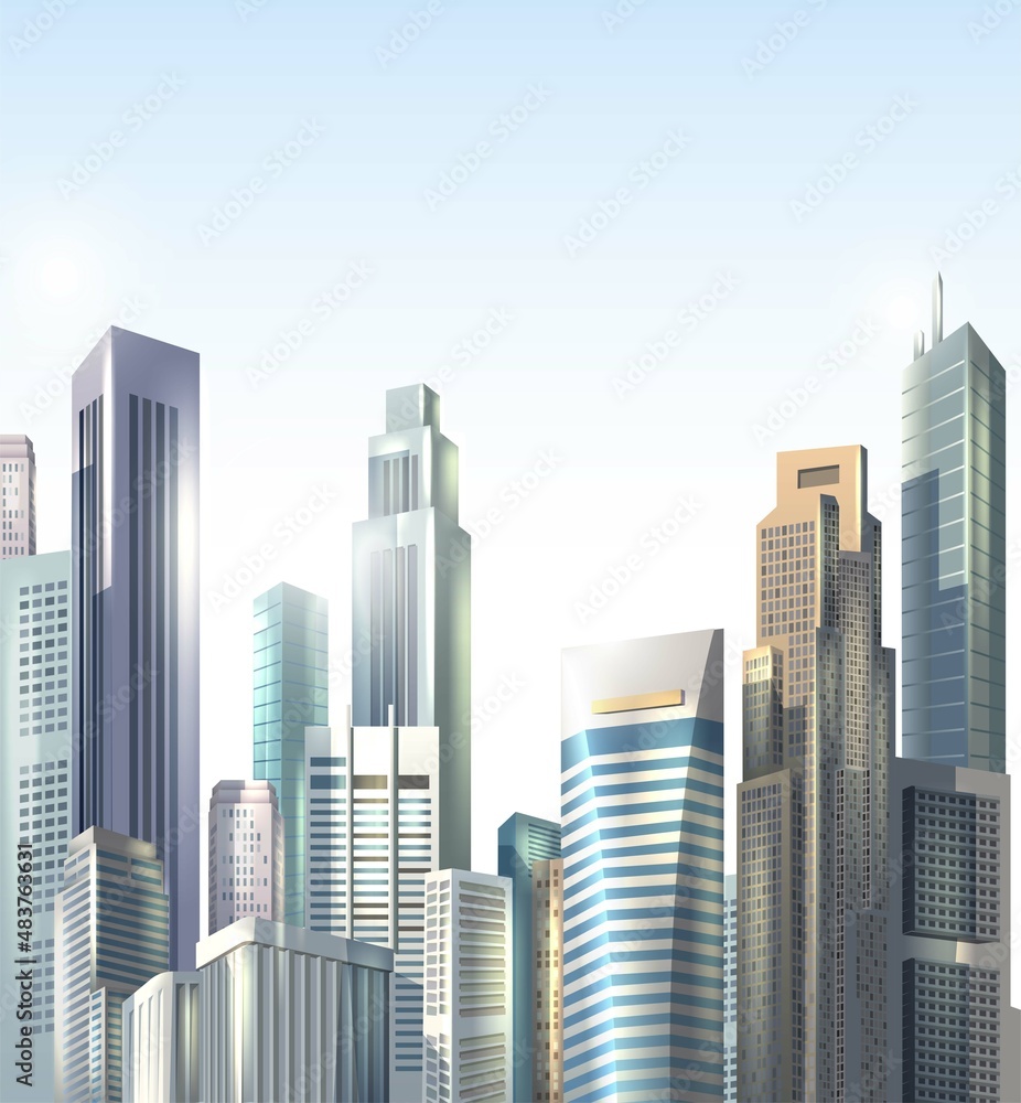 3d realistic vector background. Realistic city road skyscrapers, bussines district offices. 3d realistic vector background. Realistic city road skyscrapers, bussines district offices.