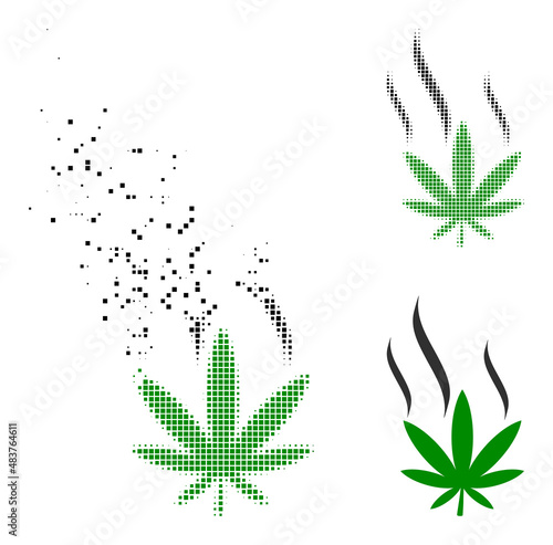 Dispersed dot cannabis smoke vector icon with destruction effect, and original vector image. Pixel dissipating effect for cannabis smoke shows speed and movement of cyberspace items.