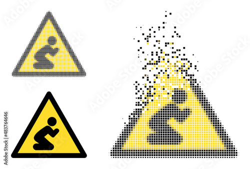 Dispersed dot praying person warning vector icon with wind effect, and original vector image. Pixel degradation effect for praying person warning demonstrates speed and motion of cyberspace items.