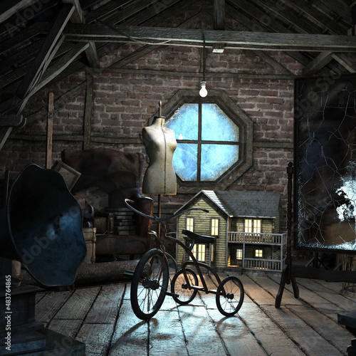 Attic in the dark and scary house of terror, 3D illustration