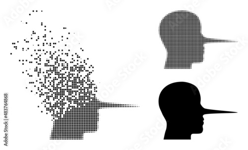 Fractured pixelated liar person vector icon with destruction effect, and original vector image. Pixel destruction effect for liar person shows speed and movement of cyberspace things.