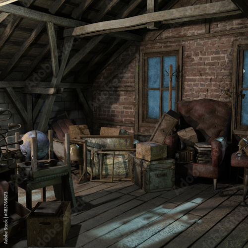 Bild auf Leinwand Attic in the dark and scary house of terror, 3D illustration