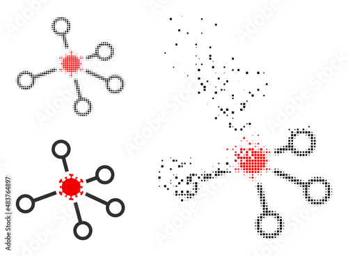Dispersed dotted virus node links vector icon with destruction effect, and original vector image. Pixel destruction effect for virus node links demonstrates speed and movement of cyberspace things.