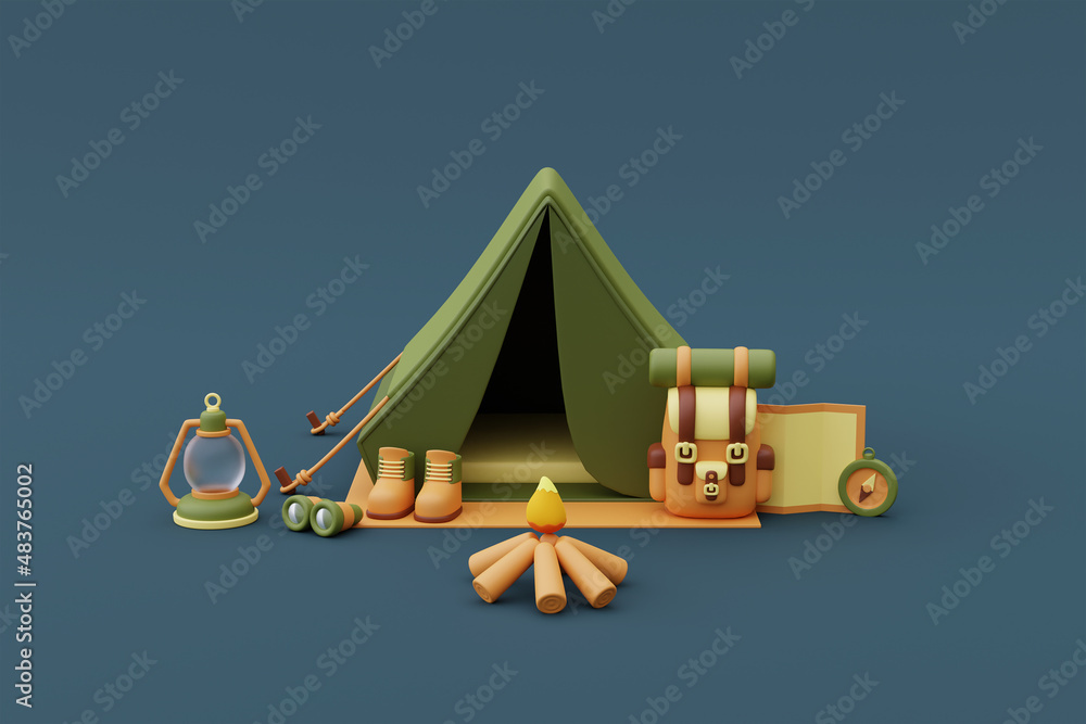 Camping equipment with baggage,map,lantern,hiking shoes,binoculars and bonfire outside tent on camping site,holiday vacation concept.minimal style.3d rendering. - obrazy, fototapety, plakaty 