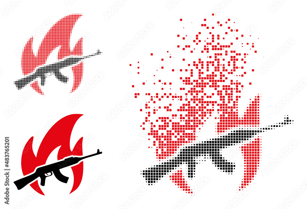 Dispersed dotted war fire vector icon with wind effect, and original vector image. Pixel dematerialization effect for war fire demonstrates speed and movement of cyberspace things.