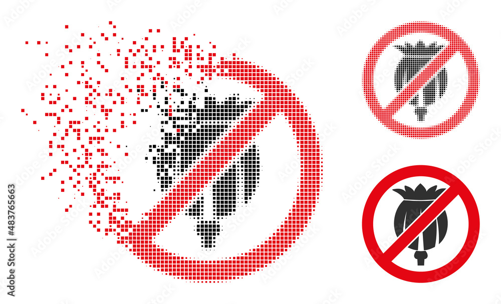 Dissolved dot forbid opium poppy vector icon with destruction effect, and original vector image. Pixel disappearing effect for forbid opium poppy shows speed and movement of cyberspace things. Dissolved dot forbid opium poppy vector icon with destruction effect, and original vector image. Pixel disappearing effect for forbid opium poppy shows speed and movement of cyberspace things.