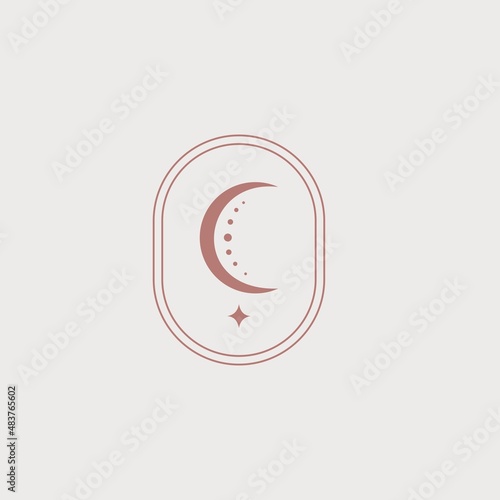 Magic emblem with moon and stars. Minimalist female logo. Vector letter "C" in the form of the moon.