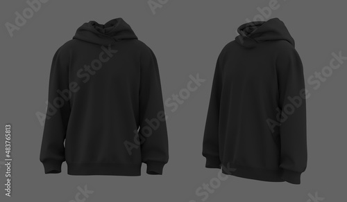 Blank hooded sweatshirt mockup in front and side views, 3d rendering, 3d illustration