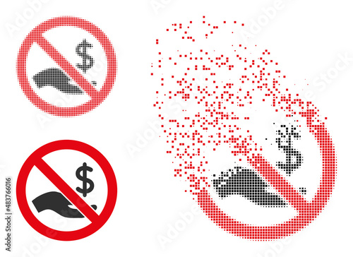 Dispersed dot forbid dollar payment vector icon with wind effect, and original vector image. Pixel dispersing effect for forbid dollar payment demonstrates speed and motion of cyberspace concepts.