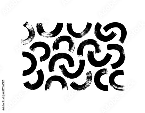 Black paint brush strokes half circles vector set. Hand drawn round grunge bold lines and dry brushstrokes. Grunge smears collection with semicircles, c-shape bold lines. Ink illustration isolated on 