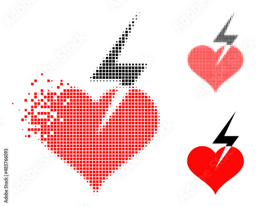 Dispersed dotted heart strike vector icon with wind effect, and original vector image. Pixel degradation effect for heart strike demonstrates speed and motion of cyberspace items.
