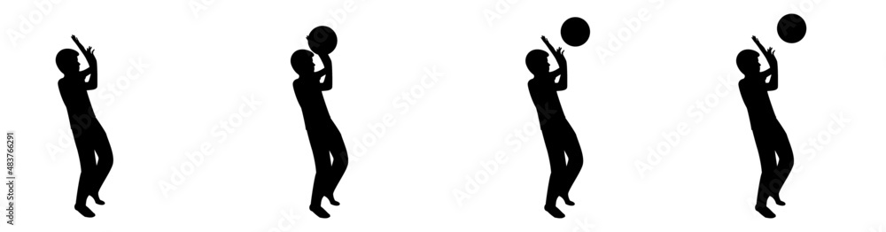 Set of silhouettes of male kid throwing a ball in different positions
