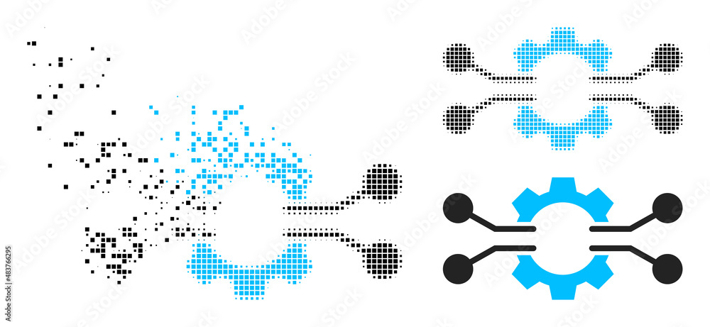 Fractured dot gear electronics integration vector icon with destruction effect, and original vector image.