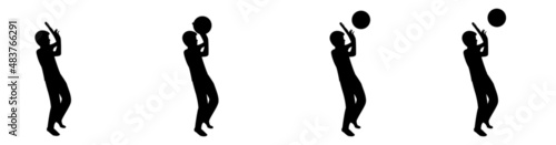 Set of silhouettes of male kid throwing a ball in different positions
