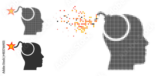 Dispersed pixelated bomb idea vector icon with destruction effect, and original vector image. Pixel dematerialization effect for bomb idea demonstrates speed and motion of cyberspace abstractions.