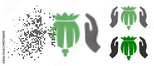 Dissolved dotted poppy care hands vector icon with destruction effect, and original vector image. Pixel degradation effect for poppy care hands demonstrates speed and motion of cyberspace matter.