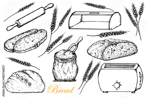Bread. Whole bread and sliced. Flour in a bag with a spoon. Toaster, rolling pin, bread box Vector hand drawn set illustration in graphic style.Black and white sketch. Isolated on a white background
