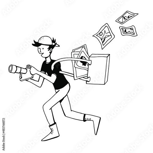 Photographer. A young man running with a camera and a bag of photographs. Vector black and white hand drawn illustration.Isolated on white