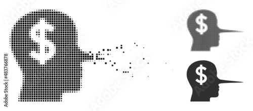 Dispersed dotted financial liar vector icon with wind effect, and original vector image. Pixel abrasion effect for financial liar demonstrates speed and movement of cyberspace abstractions.