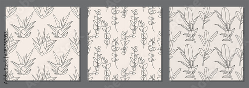 Set of trendy minimalist seamless botanical pattern with line art composition