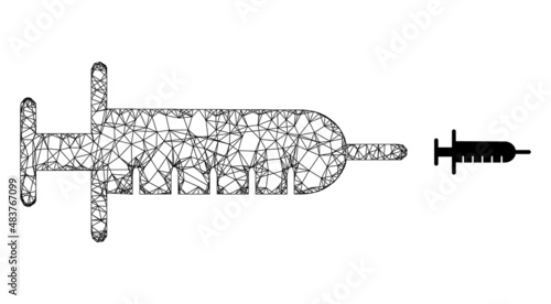 Vector network syringe icon. Wire frame 2d network geometric image based on syringe icon, made with crossing lines.