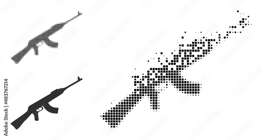 Dispersed pixelated kalashnikov gun vector icon with destruction effect, and original vector image. Pixel destruction effect for kalashnikov gun demonstrates speed and motion of cyberspace concepts.