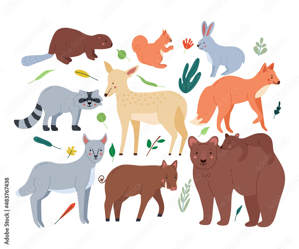 Forest animals set with bears,fox,squirrel,hare,wolf,beaver,hog,deer,raccoon, great design for any purposes. Woodland fauna collection. Flat cartoon vector illustration isolated for white background.
