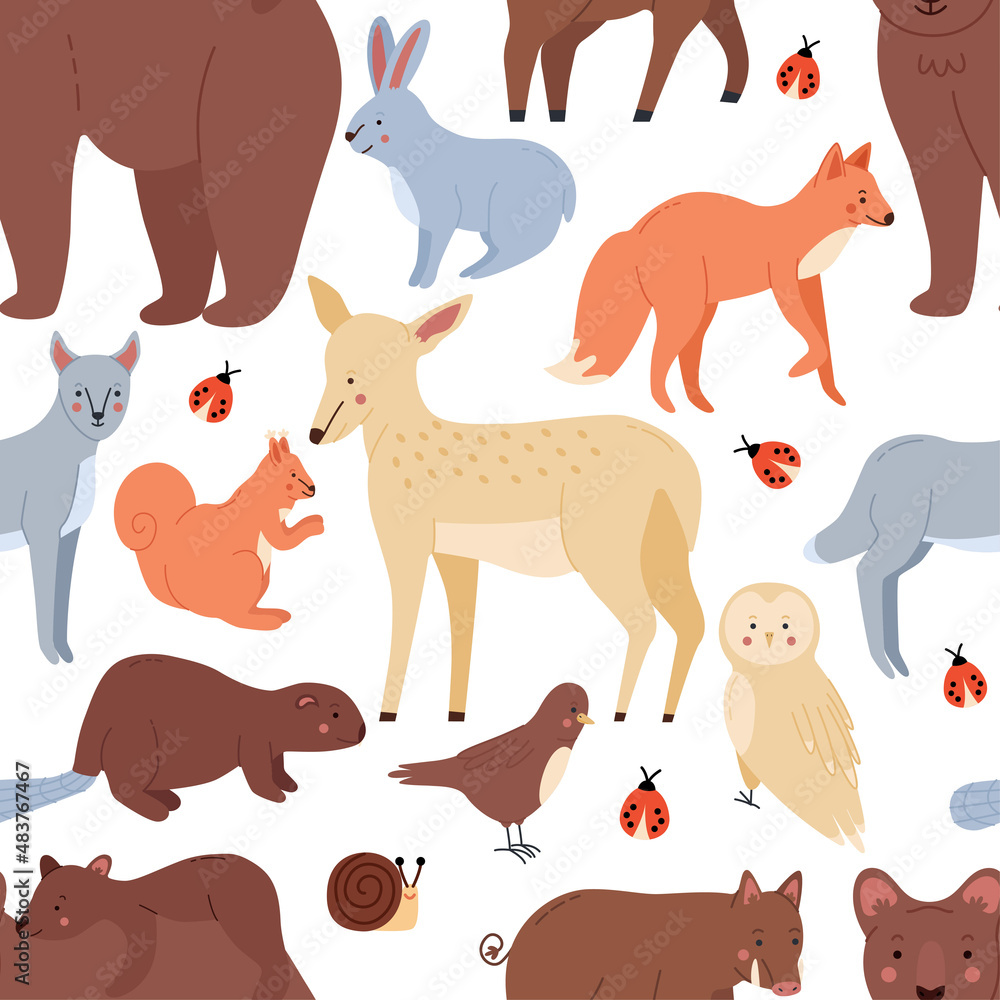 Forest animals seamless pattern with bears,fox,squirrel,hare,wolf,beaver,hog,deer.Woodland fauna collection. Flat cartoon vector wallpaper.