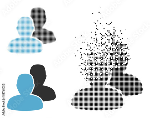 Dissolved dotted users vector icon with destruction effect, and original vector image. Pixel dissipating effect for users shows speed and motion of cyberspace things.